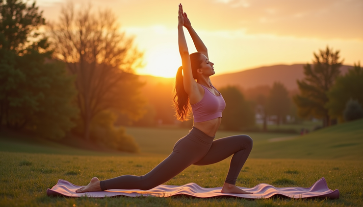 Close-up view of a woman practicing yoga outdoors at sunrise