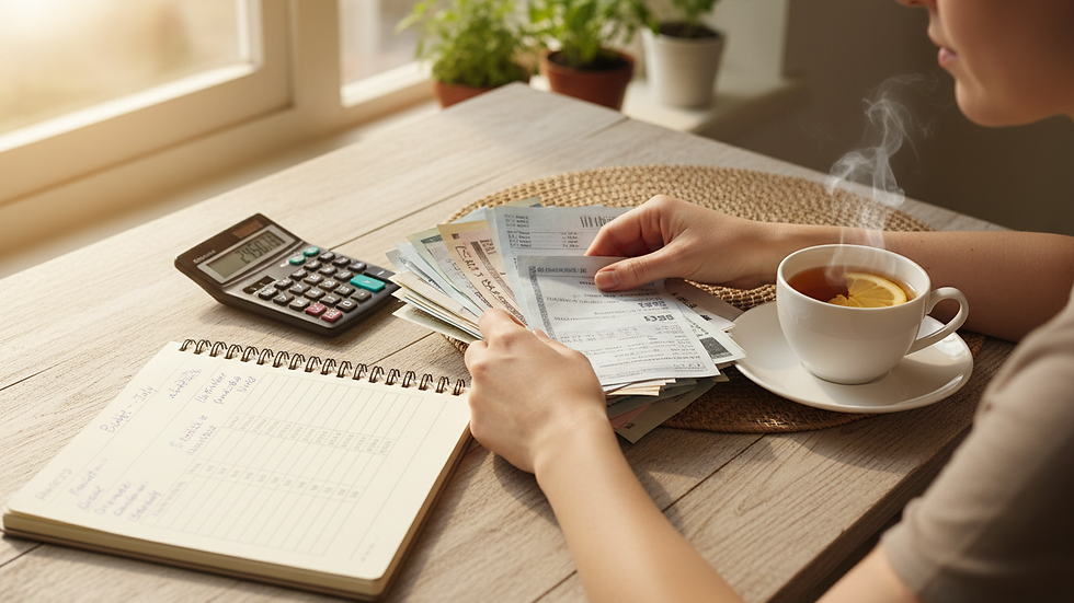 Close-up view of hands sorting household bills beside a notebook and cup of tea.