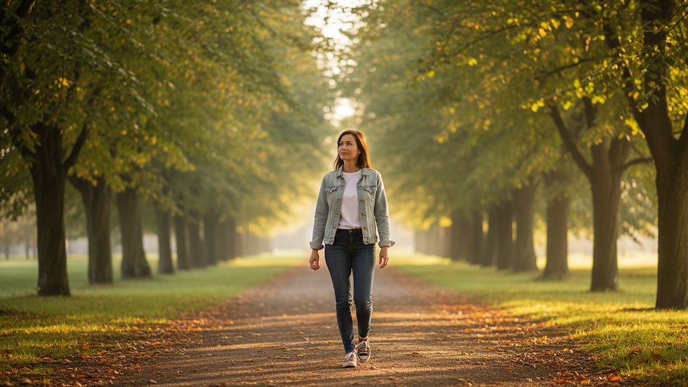 Wide-angle view of a woman walking alone on a quiet tree-lined path.