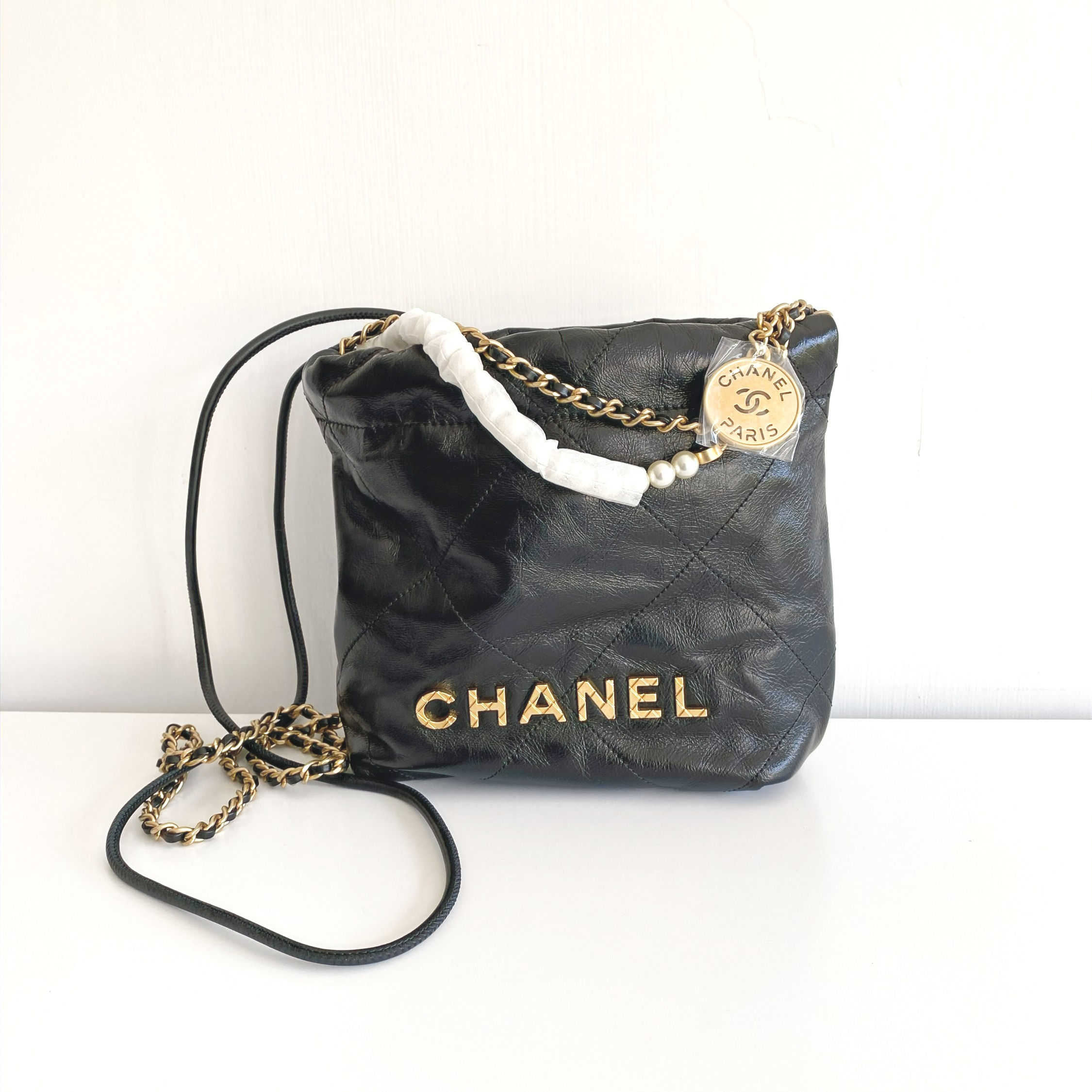 Chanel Mini 22 Bag Black Leather with Pearl