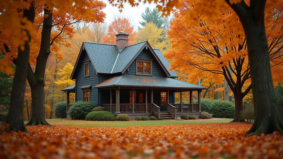 Eye-level view of a cozy home surrounded by autumn leaves