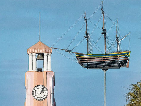 One of the replica Endeavour ships standing above Gladstone Road in Gisborne NZ