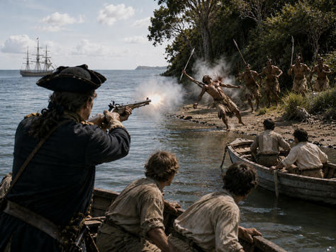 Cook's First Landing, after 2 warning shots, a 3rd shot killed a Maori warrior advancing upon landing craft.