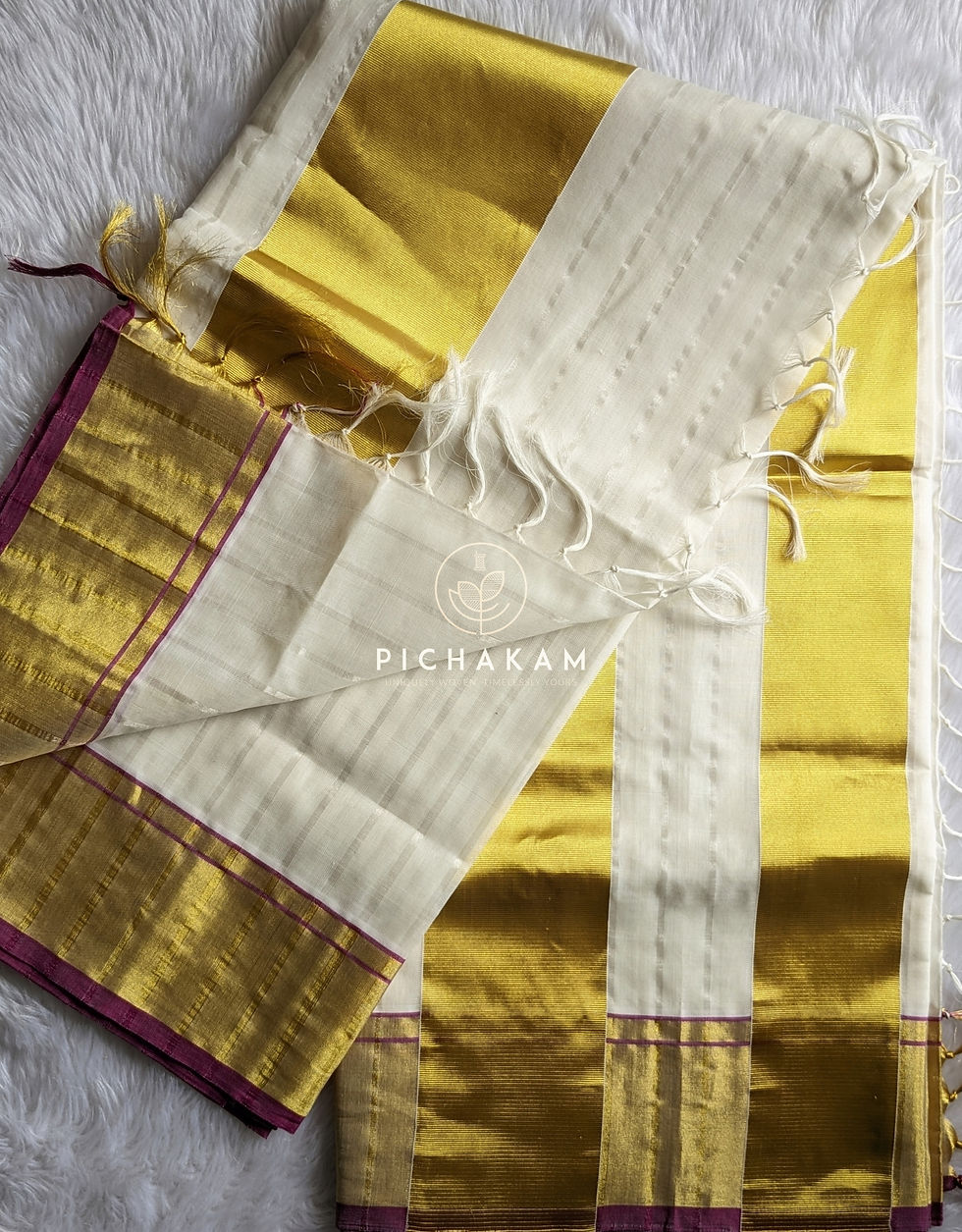 Thumbnail: Handwoven Cotton Kasavu Saree - silver zari with vadamalli selvedge and varying