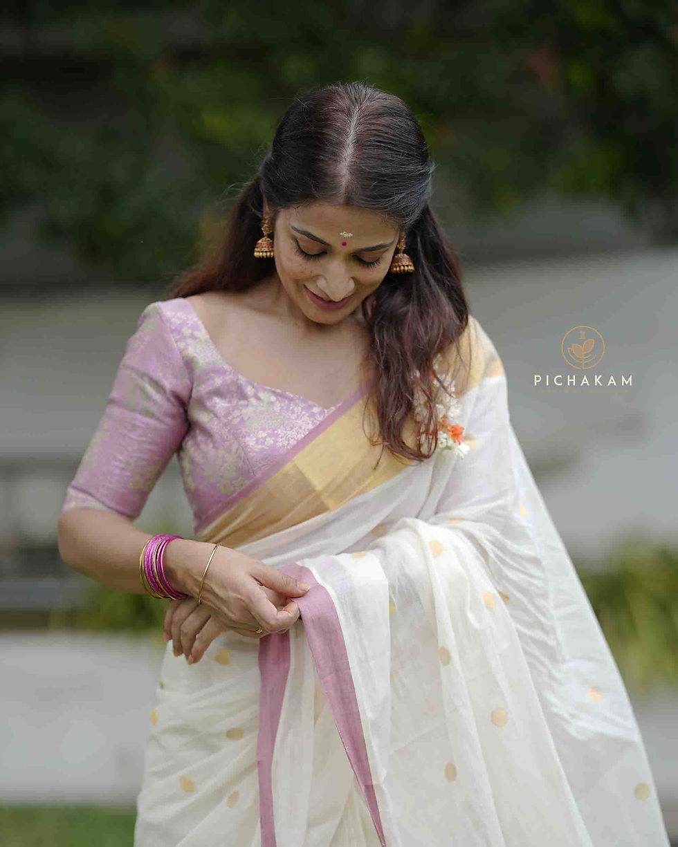 Thumbnail: Pure handloom kasavu saree with a subtle pink color-kasavu borders and polkadots