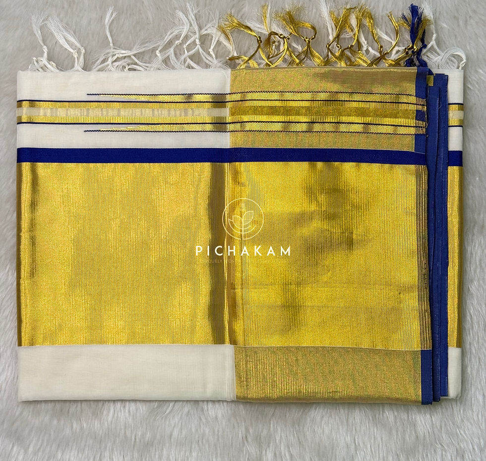 Thumbnail: Pure handloom kasavu saree with 7*7 inch border and dark blue color selvedge