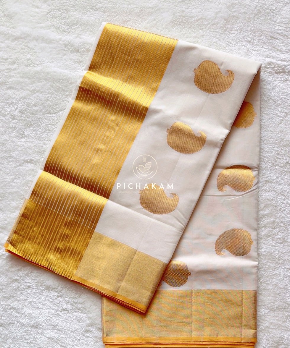 Thumbnail: Pure handwoven Kasavu saree with big mango motifs throughout the saree