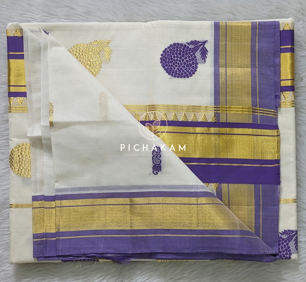 Thumbnail: Handwoven Cotton Kasavu Saree - marigold motifs with purple selvedge