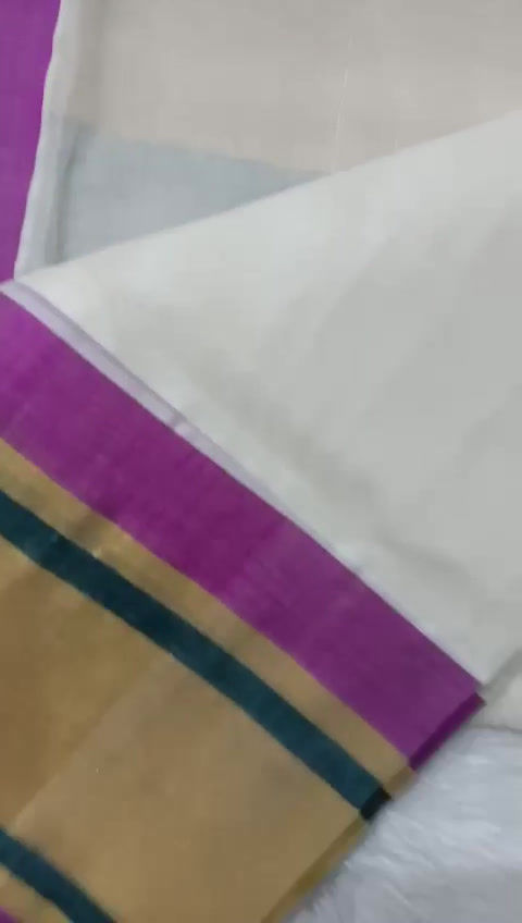 Thumbnail: Handwoven Cotton Kasavu Saree - pink and bottle green selvedge