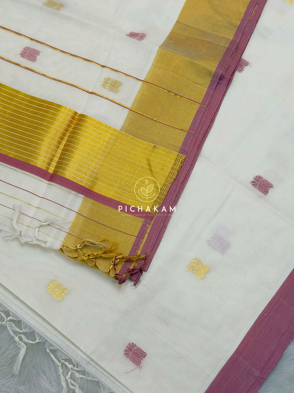 Thumbnail: Pure handloom kasavu saree with woven tiny lotus motifs