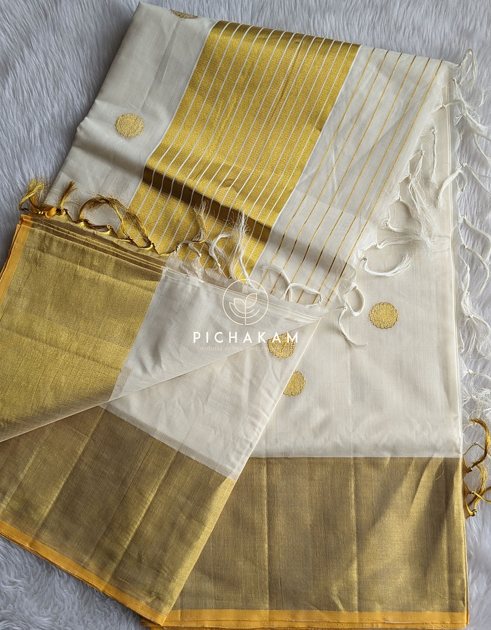 Thumbnail: Handwoven Cotton Kasavu Saree - woven motifs