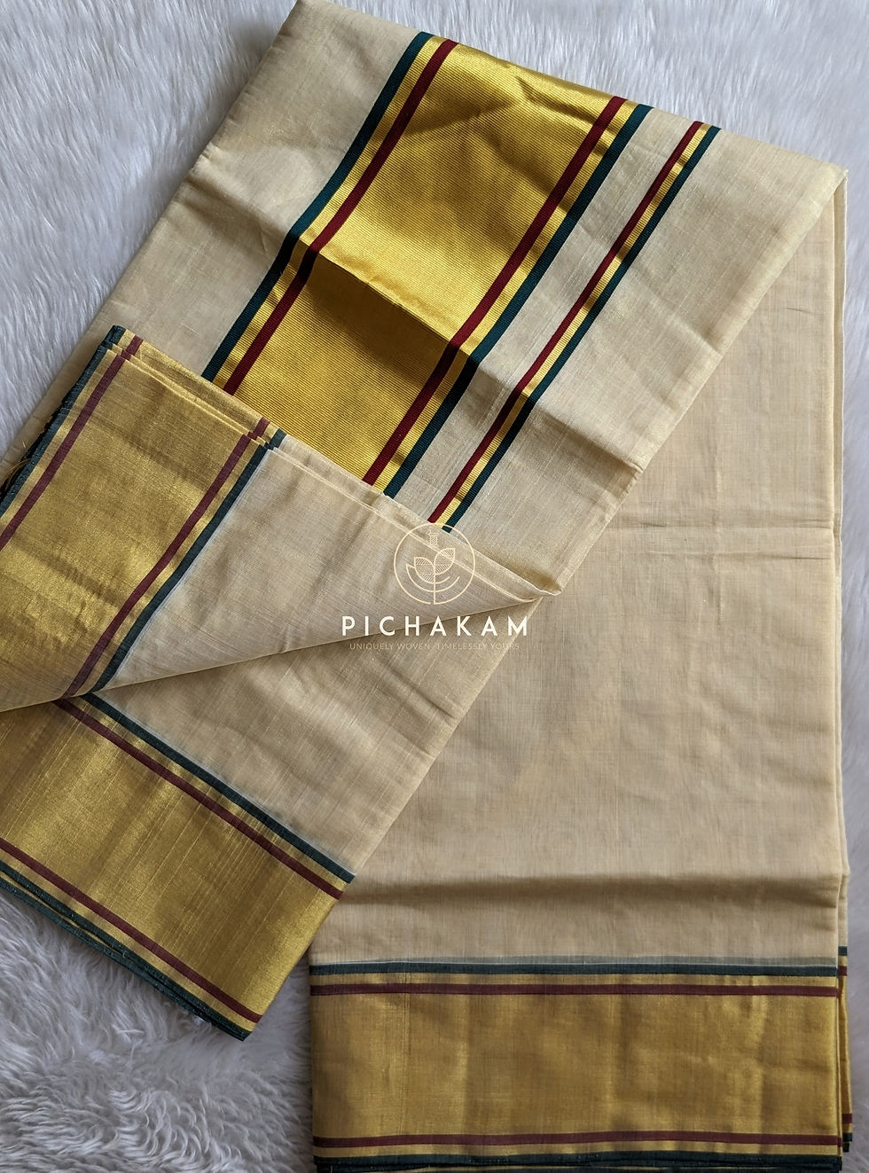 Thumbnail: Handwoven Tissue Kasavu Saree - zari with maroon border and green selvedge