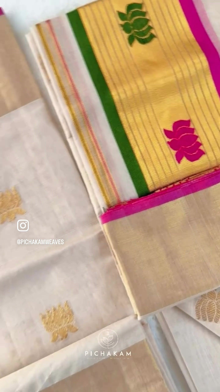 Thumbnail: ~THAMARA~Handwoven Tissue Kasavu set mundu with lotus motifs