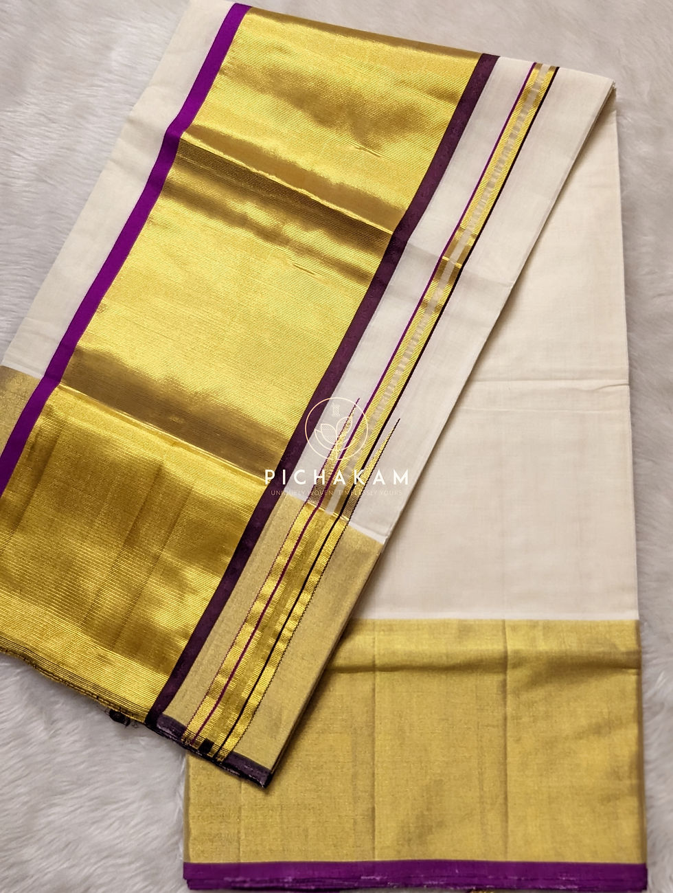 Thumbnail: Handwoven Cotton Kasavu Saree - vadamalli and blown color selvedge