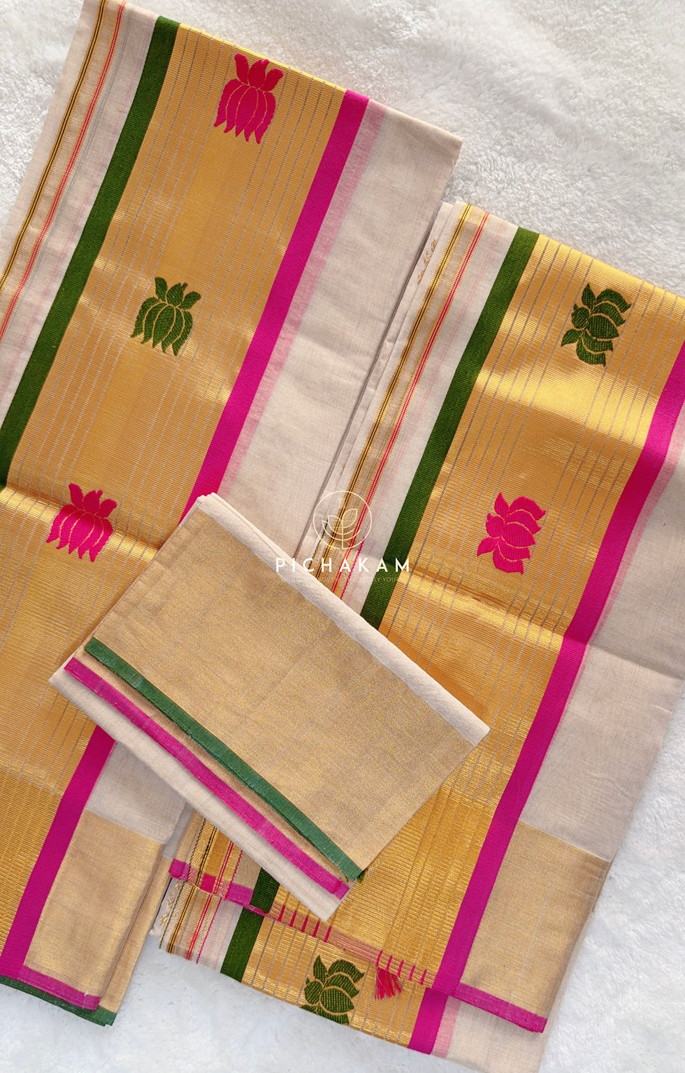 Thumbnail: ~THAMARA~Handwoven Tissue Kasavu set mundu with lotus motifs