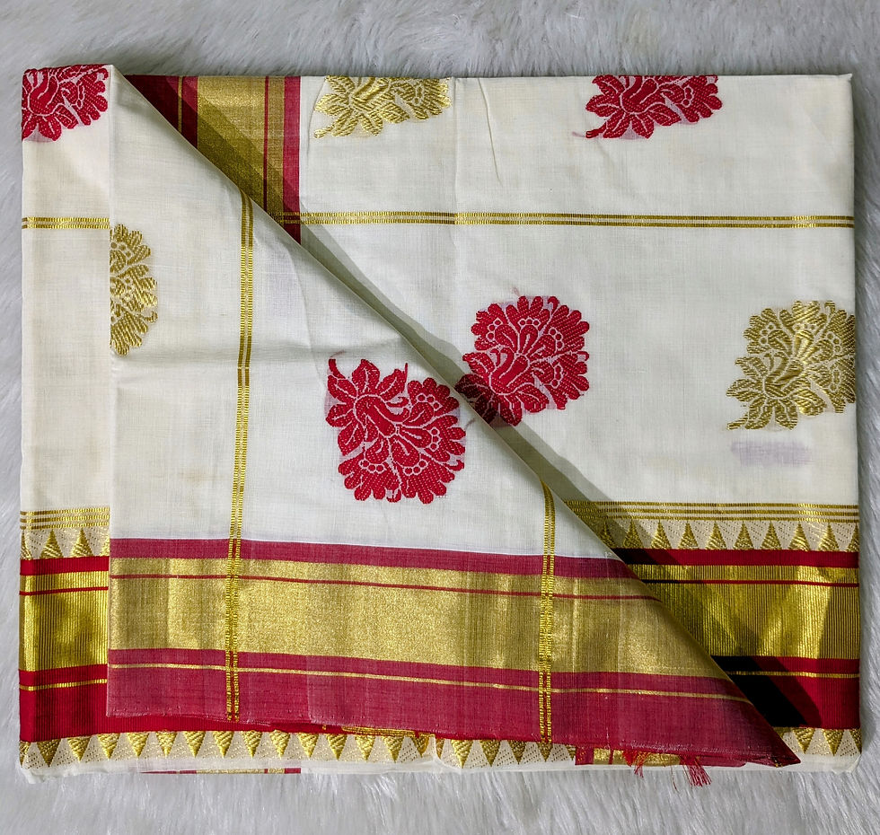 Thumbnail: Handwoven Cotton Kasavu Saree - mango and flower motifs