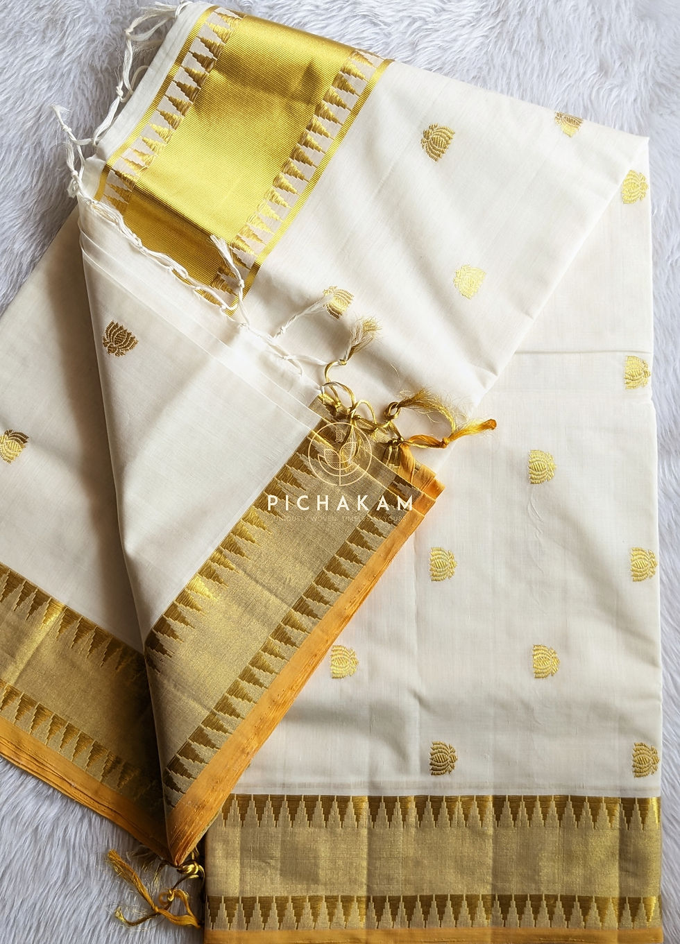 Thumbnail: Handwoven Cotton Kasavu Saree- Lotus motifs