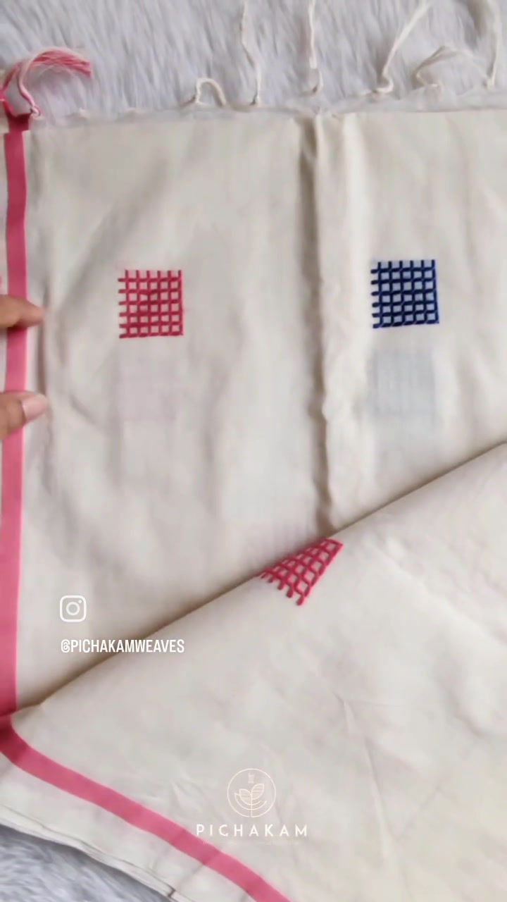 Thumbnail: Handwoven Cotton saree - pink and blue selvedge