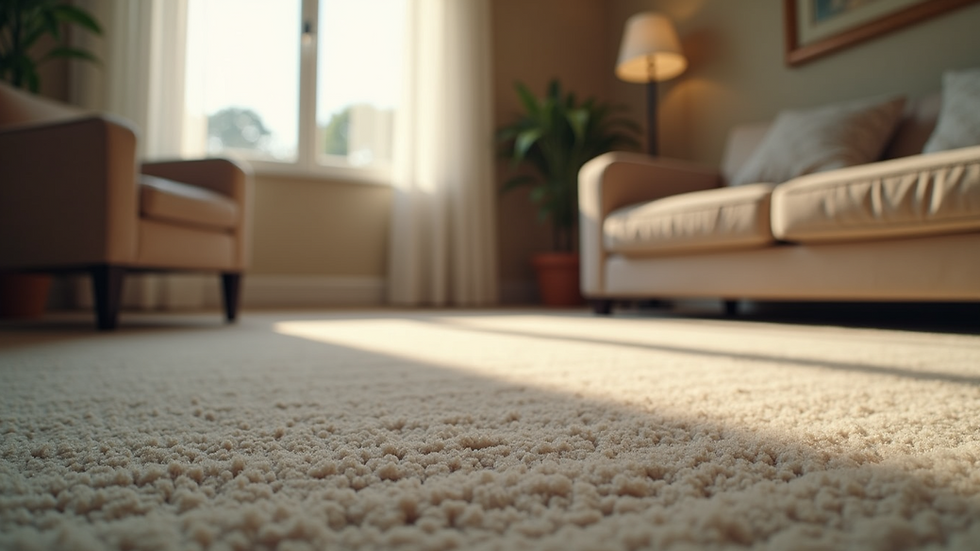 Close-up view of a living room carpet area with furniture