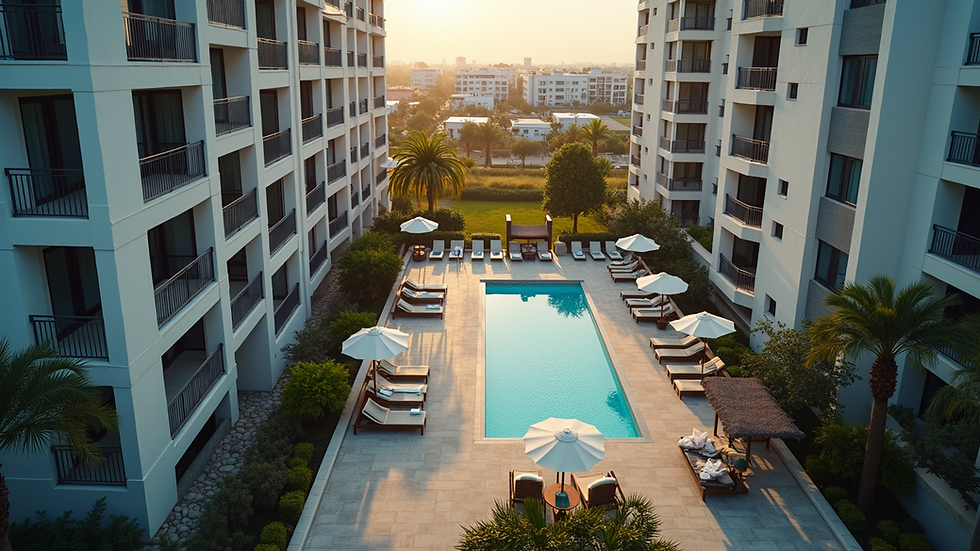 High angle view of a modern apartment complex featuring various amenities