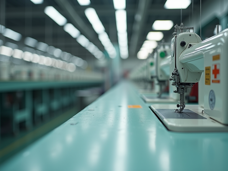 Industrial sewing machines on production floor — Minh Tri Garment Factory, Hanoi Vietnam