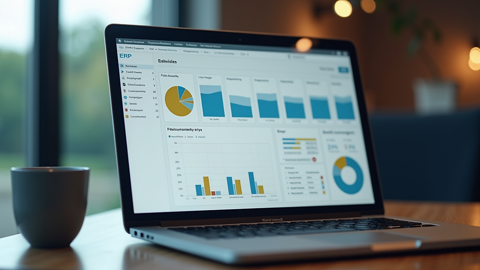 Close-up view of a laptop screen showing ERP software dashboard
