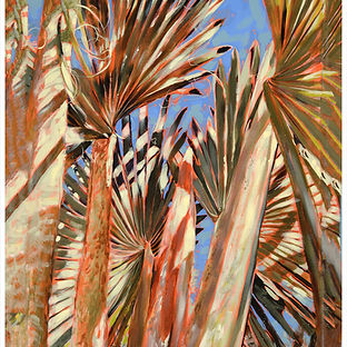 A long acrylic painting of palm trees.