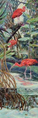 A long acrylic painting of scarlet ibis roaming the wetlands
