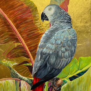 An acrylic painting of an African Grey Parrot with 24 karat gold leaf under paint, belonging to the birds in bloom collection.