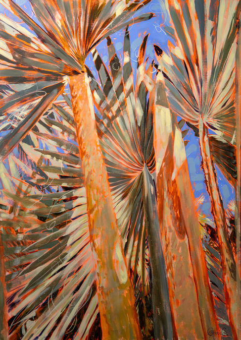 A long acrylic painting of palm trees currently being featured at the Signature Art Gallery in Tallahassee, Florida.