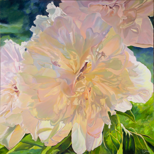 An acrylic paining of a white and pink peony