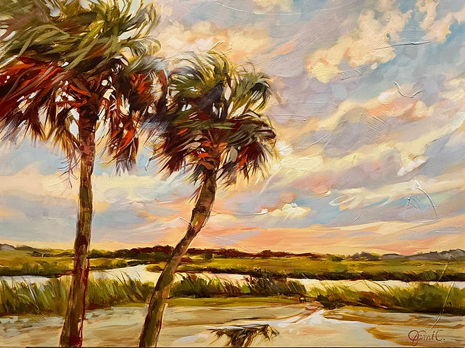 An acrylic painting of a sunset in the background with palm trees and the shoreline at Saint Augustine Beach.