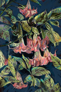 An acrylic painting of Angel Trumpet flowers with a dark blue background.