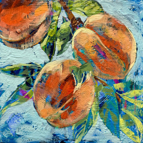 A small acrylic painting of peaches currently being featured at Signature Art Gallery in Tallahassee, Florida.