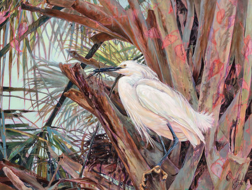 An award winning acrylic painting of a white snowy egret bird