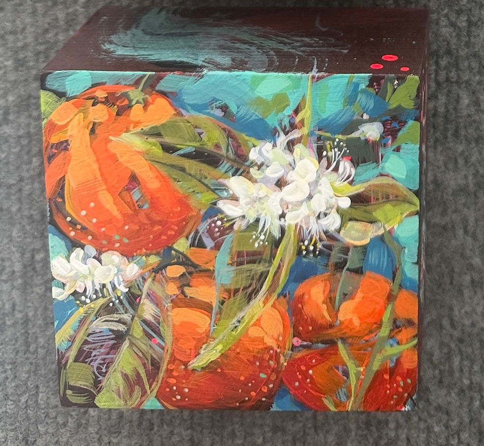 Painting of vibrant oranges, green leaves, and white blossoms