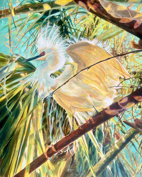 An award winning acrylic painting of a snowy egret
