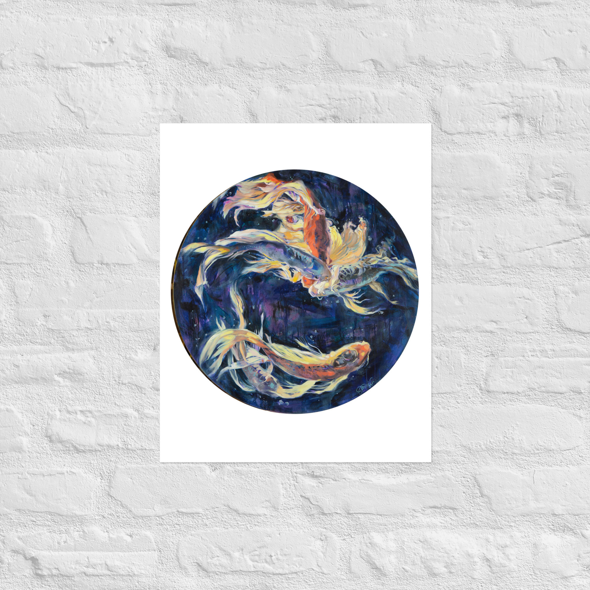 A mock-up photo for a paper reproduction of "Celestial Exploration" - a circular oil painting of koi fish swimming around each other by Jami Childers available for purchase.