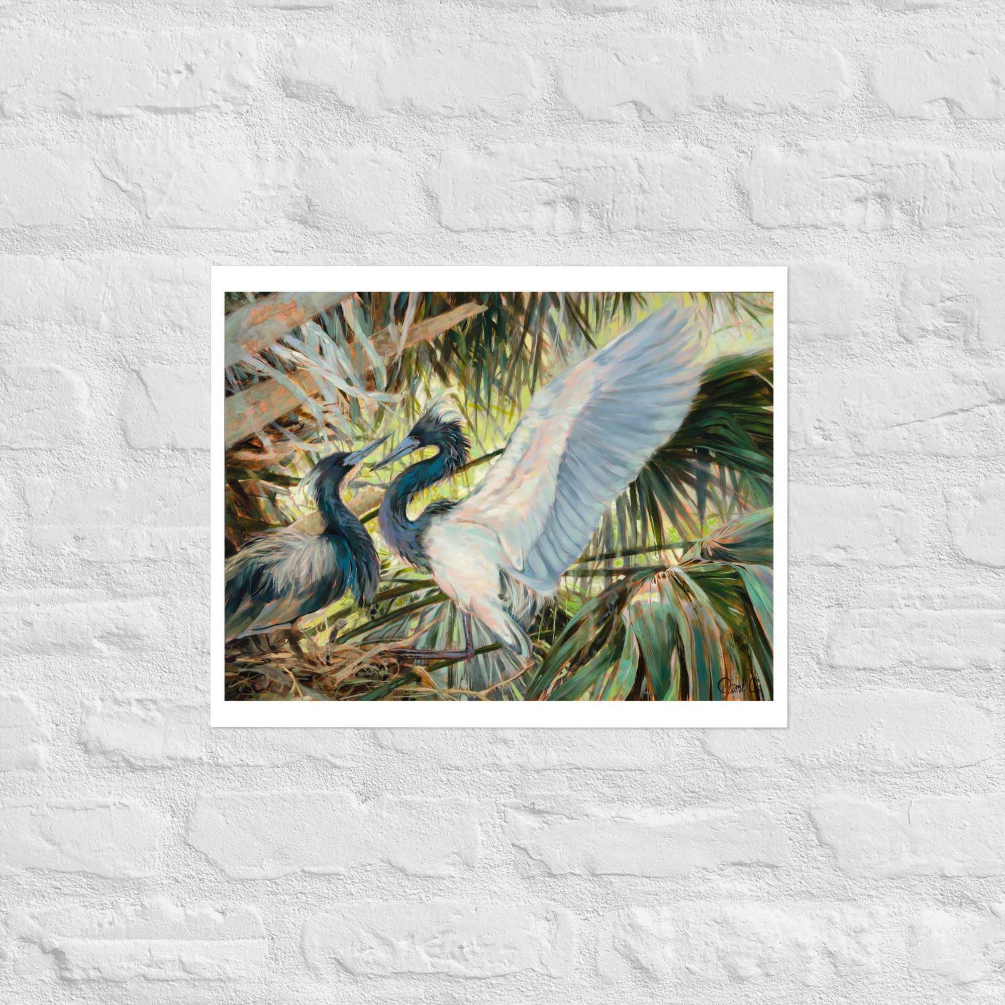 A mock-up photo for a paper reproduction of "Devotion" - an acrylic painting of a two-colored heron with it’s wings spread out by Jami Childers available for purchase.