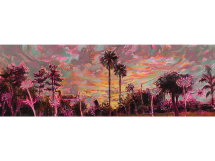 A long acrylic painting of Palm trees during a sunrise