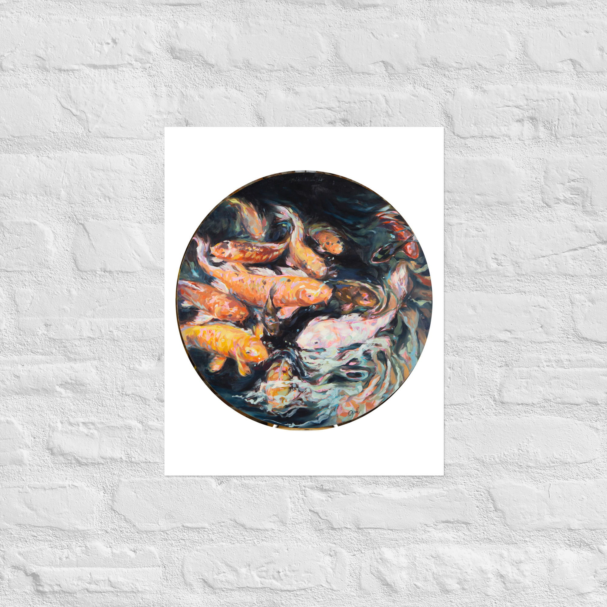 Circular canvas reproduction of koi fish