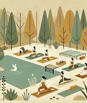 DALL·E 2024-11-08 13.43.07 - A minimalistic and simple illustration of a yoga retreat with