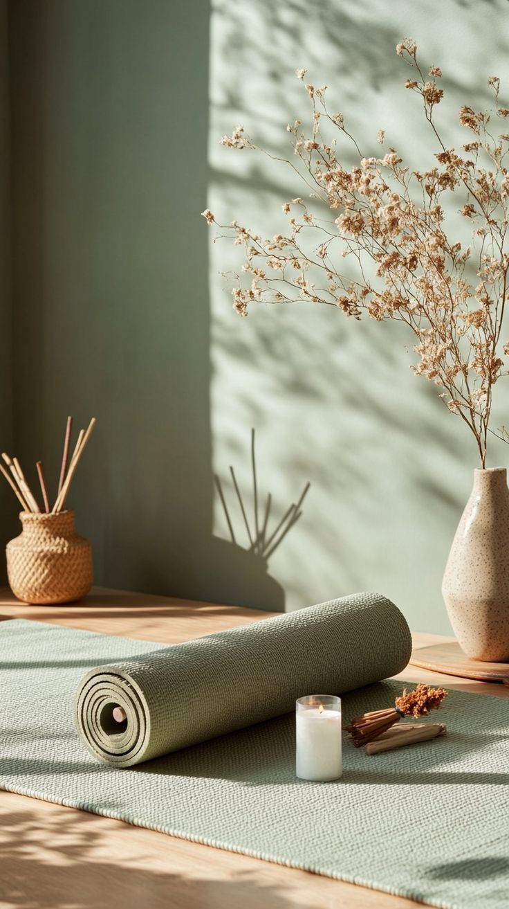 zöld fal előtt egy összetekert zöld jógaszőnyeg van a padlón. Előtte egy gyertya, mögötte egy kosár és egy váza virágokkal.