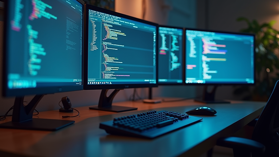 Close-up view of a developer’s desk with multiple screens showing web development tools