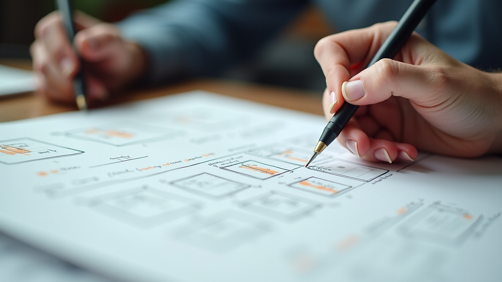 Close-up view of a designer sketching website wireframes on paper