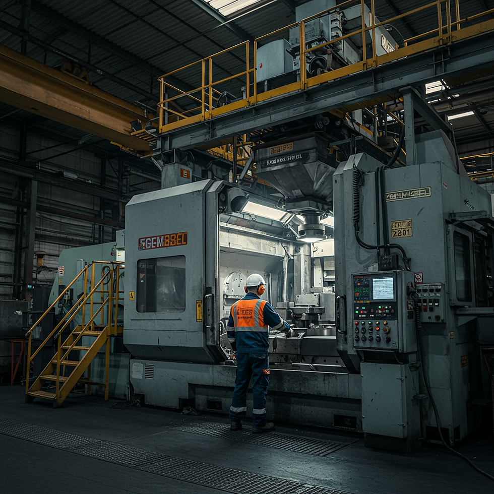Operário em fábrica usando colete laranja e capacete branco, opera máquina grande. Ambiente industrial com estrutura metálica amarela.