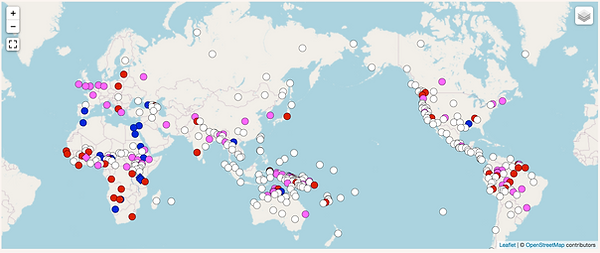 World map with multicolored dots