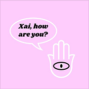 Xai how are you logo on pink with hamsa and text in speech bubble