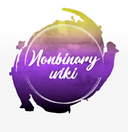Nonbinary wiki circular logo, purple, yellow, white and black