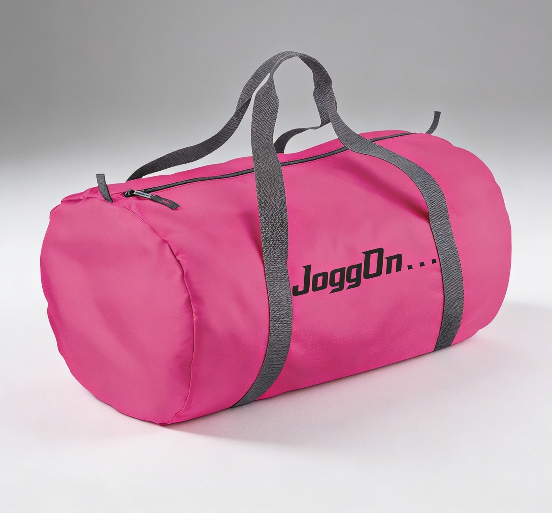 Pink foldaway barrel bag with grey straps and JoggOn logo.